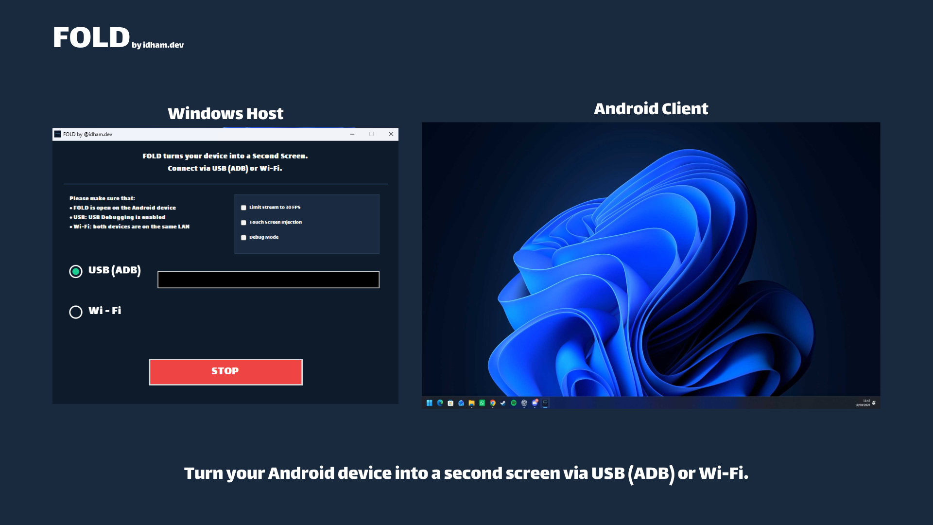 FOLD Windows host and Android extended display shown side by side